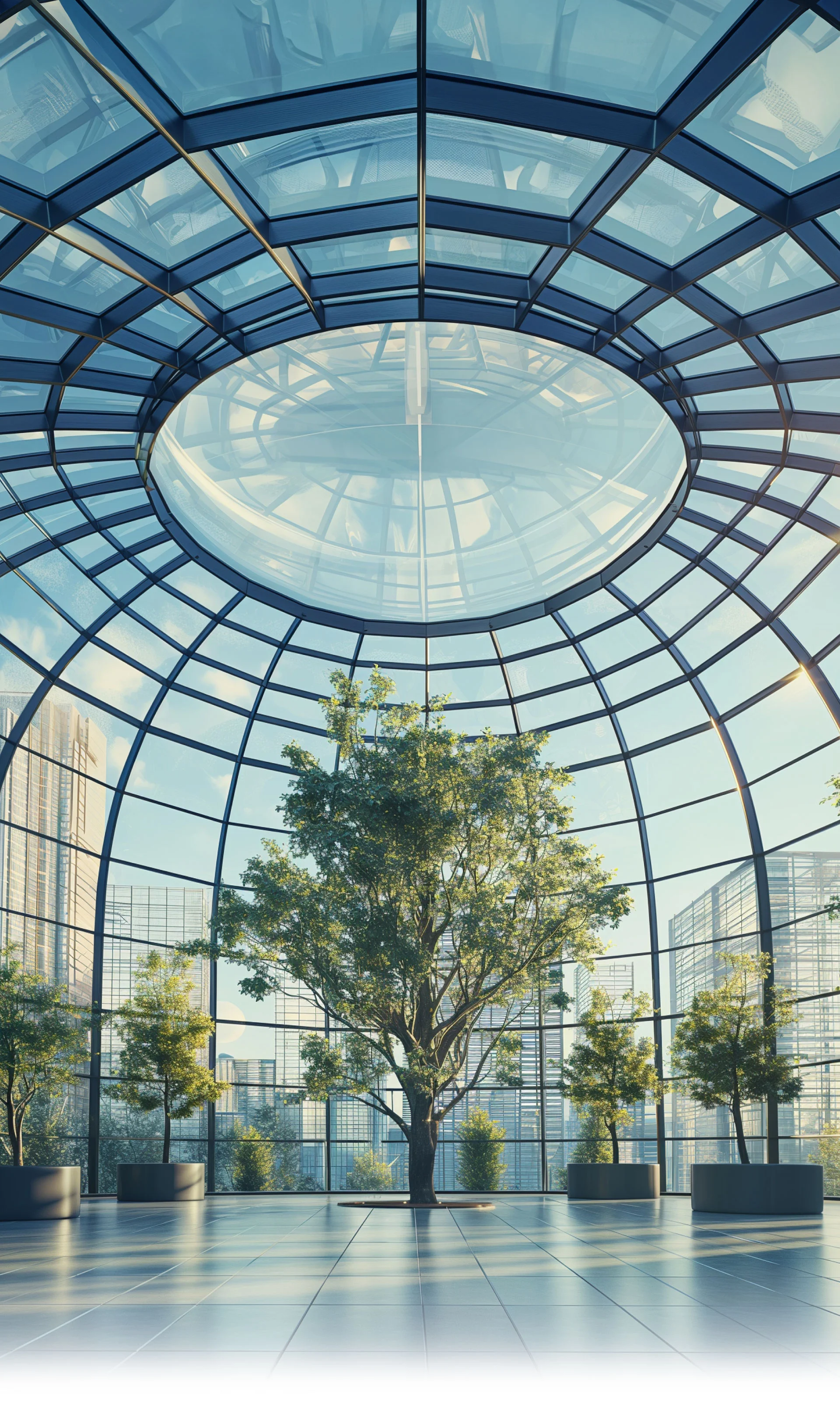 A large glass building surrounded by lush trees and vibrant plants, showcasing a harmonious blend of nature and architecture.