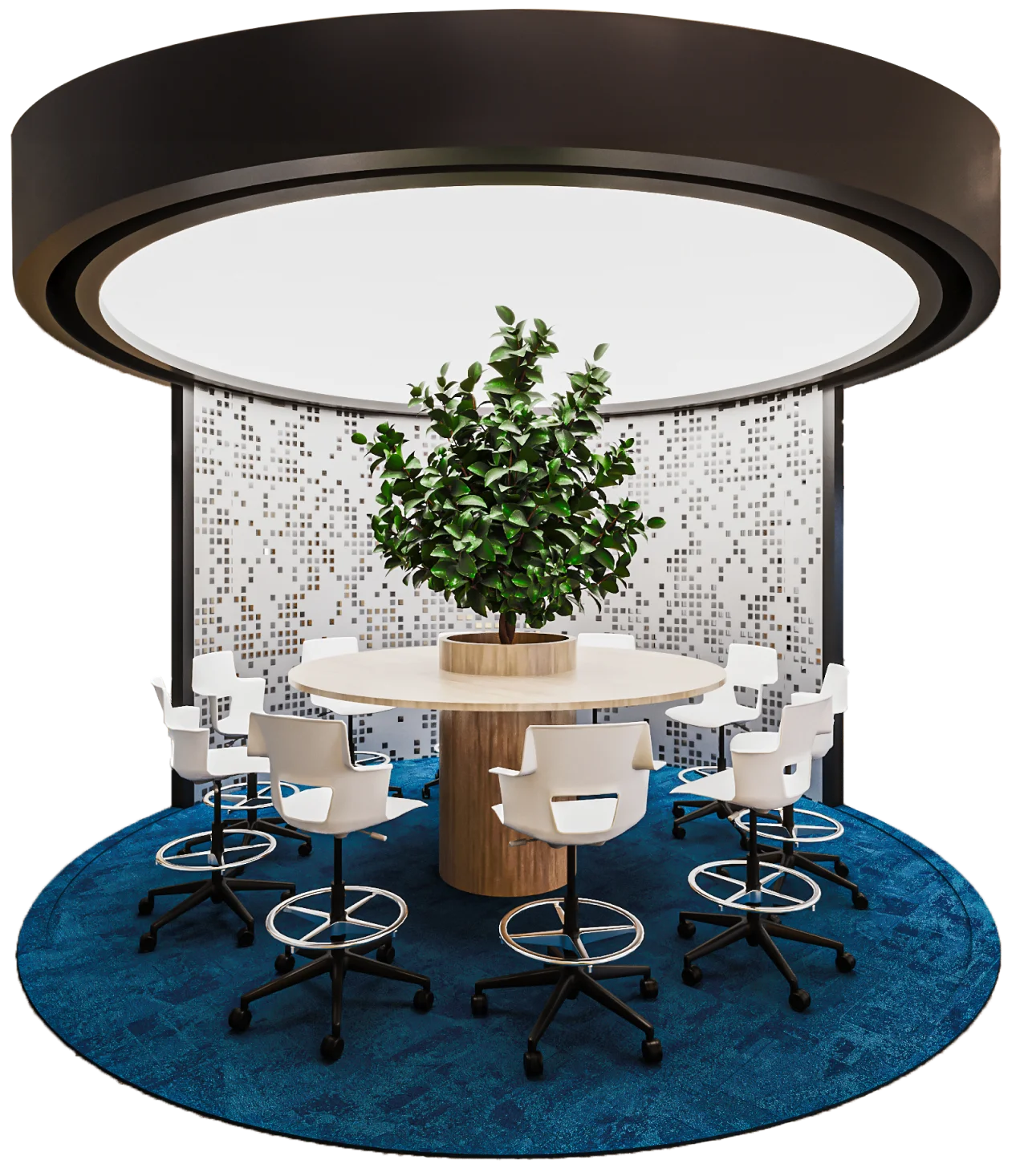 A round table surrounded by chairs, featuring a plant positioned at the center, creating a cozy gathering space.