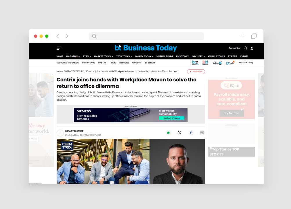A computer screen displaying the Business Today website, featuring news of Centrix.