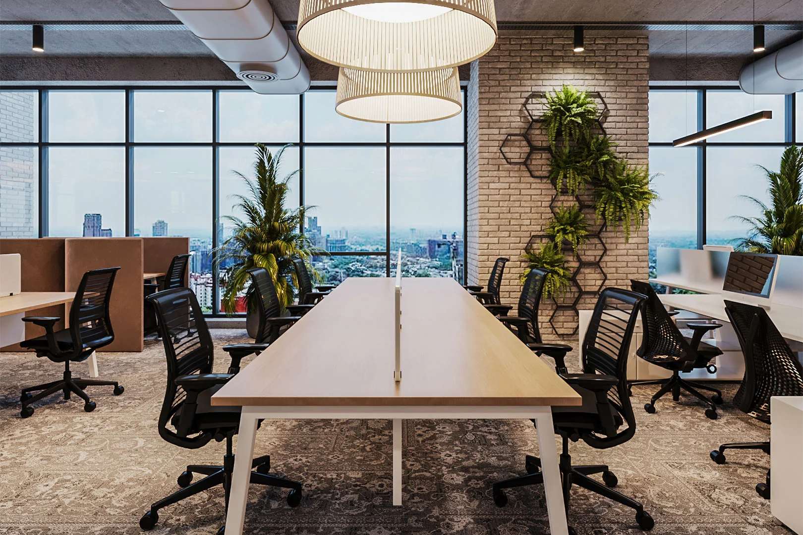 Bright workspace with city views, ergonomic chairs, greenery accents, and modern lighting for a vibrant, productive ambiance.