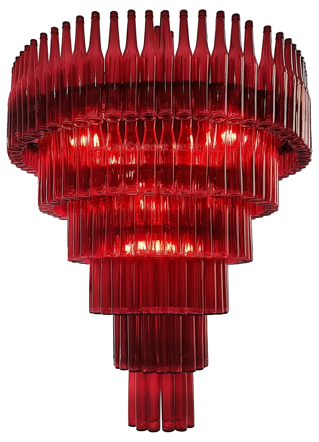 A striking red chandelier adorned with elegant glass bottles, creating a vibrant focal point in the room.