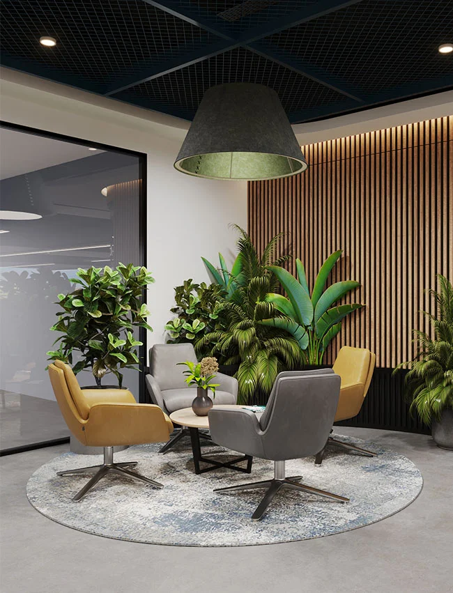 Project Altair: Modern office space with stylish furniture, vibrant plants, and a cozy, contemporary design.