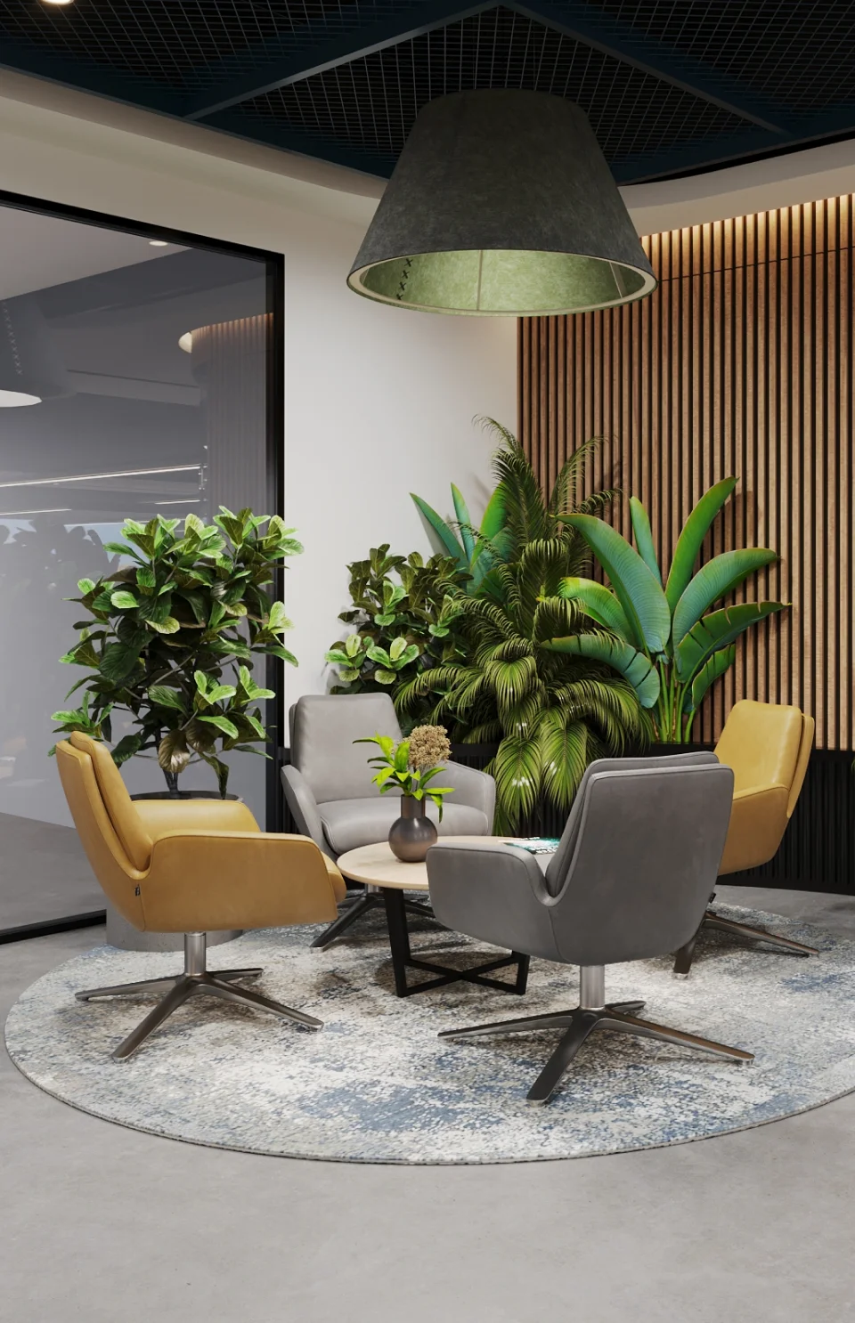 Project Altair: Modern office space with stylish furniture, vibrant plants, and a cozy, contemporary design.